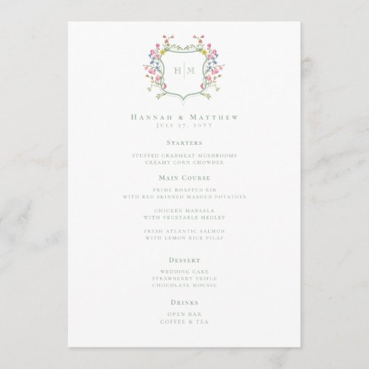 Elegante Stof Sagre Pastel Wilde Bloem Kam Wedding Menu (Voorkant)
