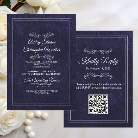 Elegante Stof Zwart Wit QR-code Trouwen Kaart