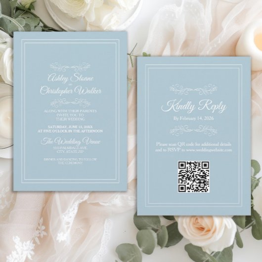 Elegante Stofachtige Hemelblauwe Witte QR-code Tro Kaart
