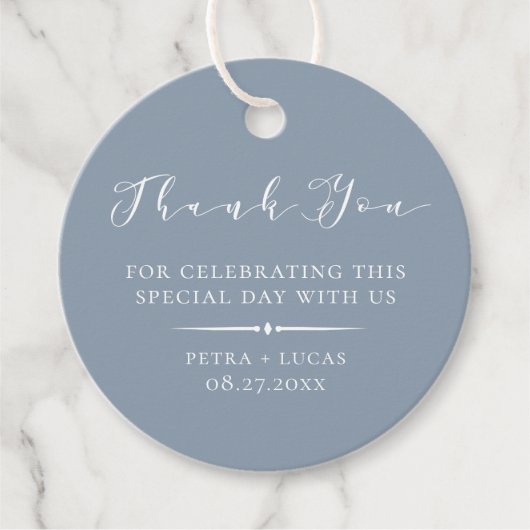 Elegante Stofblauw Bedankt Bedankjes Labels (Voorkant)