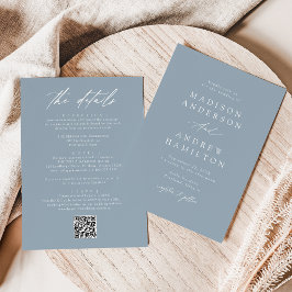 Elegante Stofblauwe All In One QR Code Trouwfeest Kaart