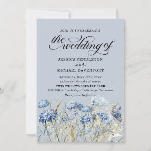 Elegante Stofblauwe Aquarel Wilde Bloemen Bruiloft Kaart