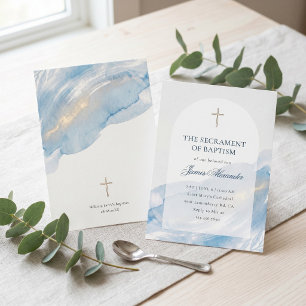 Elegante Stofblauwe Aquarelboog Minimale Doop Kaart