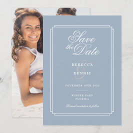 Elegante Stofblauwe Art Deco Foto Huwelijk Save The Date