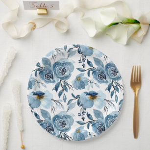 Elegante Stofblauwe Bloem en Witte Ronde Feestje Papieren Bordje