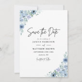 Elegante Stofblauwe Bloem Foto Bruiloft Save The Date (Voorkant)