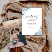 Elegante Stofblauwe Bloem Foto Bruiloft Save The Date