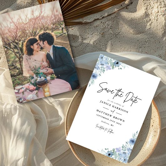 Elegante Stofblauwe Bloem Foto Bruiloft Save The Date
