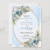 Elegante Stofblauwe Bloem Gouden Frame Bruiloft Kaart (Voorkant)