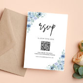 Elegante Stofblauwe Bloem QR Code Bruiloft RSVP Kaartje