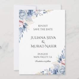 Elegante Stofblauwe Bloemachtige Trouw Save The Date