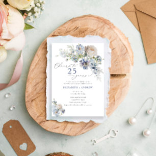 Elegante Stofblauwe Bloemen 25-jarig Huwelijksjubi Kaart