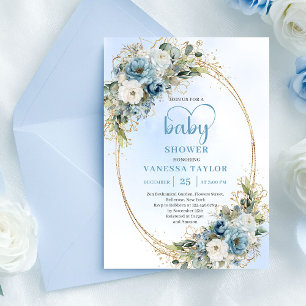 Elegante Stofblauwe Bloemen Gouden Baby Shower Uit Kaart