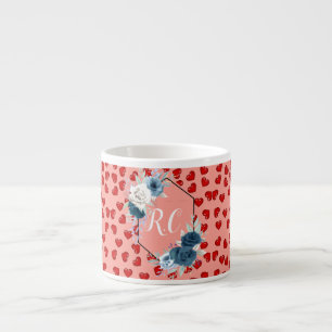 Elegante Stofblauwe Bloemen & Rode Harten Geborduu Espresso Kop