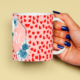 Elegante Stofblauwe Bloemen & Rode Harten Geborduu Koffiemok