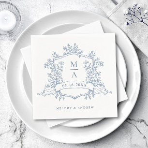 Elegante Stofblauwe Bloemenkam Kroon Monogrammen T Servet