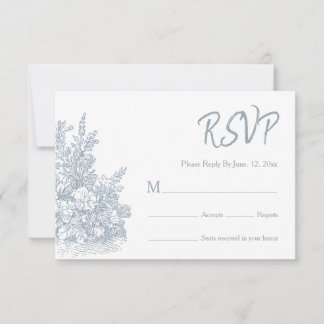 Elegante Stofblauwe Bloemenrand Bruiloft RSVP Kaartje