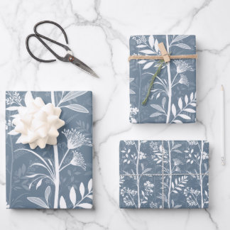 Elegante Stofblauwe Bloemensilhouet Inpakpapier Vel