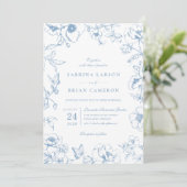 Elegante Stofblauwe Bloemetuin QR Code Bruiloft Kaart (Staand voorkant)