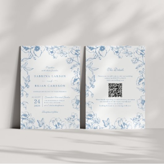 Elegante Stofblauwe Bloemetuin QR Code Bruiloft Kaart