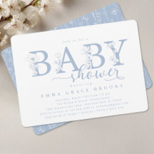 Elegante Stofblauwe Bloemige Baby Shower Typografi
