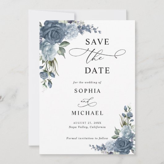 Elegante Stofblauwe Bloemige Bewaar De Datum Save The Date (Voorkant)