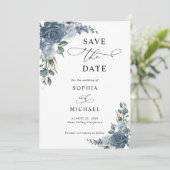 Elegante Stofblauwe Bloemige Bewaar De Datum Save The Date (Staand voorkant)
