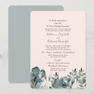 Elegante Stofblauwe Bloemige & Blush Trouw Kaart