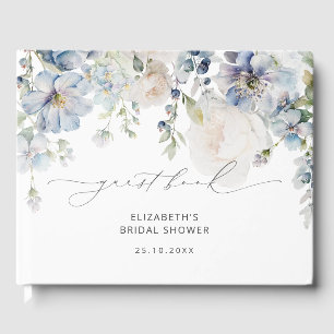 Elegante Stofblauwe Bloemige Bruidsdouche Gastenboek