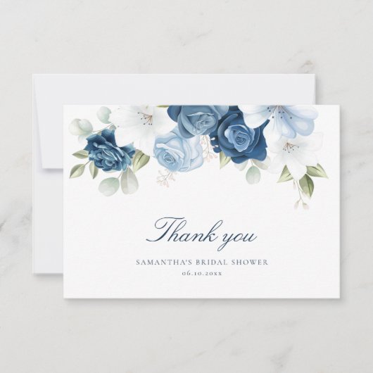 Elegante Stofblauwe Bloemige Eucalyptus Bruiloft F Bedankkaart (Voorkant)