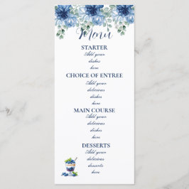 Elegante Stofblauwe Bloemige Eucalyptus Bruiloft Menu