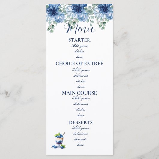 Elegante Stofblauwe Bloemige Eucalyptus Bruiloft Menu (Voorkant)