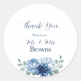 Elegante Stofblauwe Bloemige Eucalyptus Bruiloft Ronde Sticker