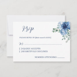 Elegante Stofblauwe Bloemige Eucalyptus Bruiloft RSVP Kaartje