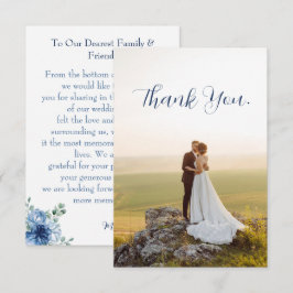 Elegante Stofblauwe Bloemige Eucalyptus Trouwfoto Bedankkaart