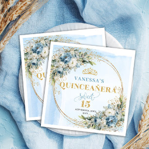 Elegante Stofblauwe Bloemige Gouden Quinceañera Se Servet