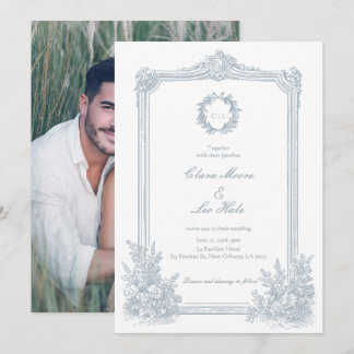 Elegante Stofblauwe Bloemige Rand Trouwfoto Kaart