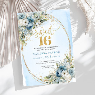Elegante Stofblauwe Bloemige Sweet Sixteen Uitnodi Kaart