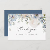 Elegante Stofblauwe Bloemige Trouw Dankkaart Bedankkaart (Voorkant / Achterkant)