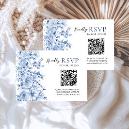 Elegante Stofblauwe Bloemige Trouw-RSVP-Kaart QR-C RSVP Kaartje