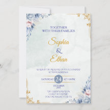 Elegante Stofblauwe Bloemige Trouw Uitnodiging