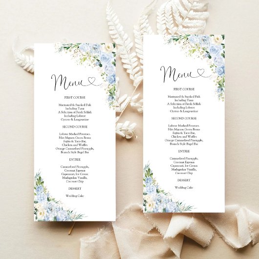 Elegante Stofblauwe Bloemige Trouwmenu Menu
