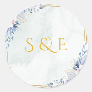 Elegante Stofblauwe Bloemige Trouwsticker Ronde Sticker
