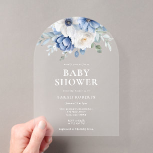 Elegante Stofblauwe Bloemige Winter Baby Shower Acryl Uitnodigingen