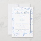 Elegante Stofblauwe Bloemlijn Kunst Bruiloft Save The Date (Voorkant)