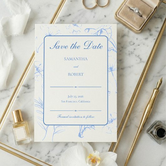 Elegante Stofblauwe Bloemlijn Kunst Bruiloft Save The Date