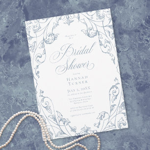 Elegante Stofblauwe Bloemrijke Frame Bruidsdouche Kaart