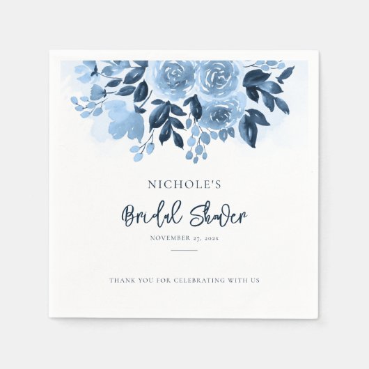 Elegante Stofblauwe Bloemrijke Script Bruidsdouche Servet (Voorkant)