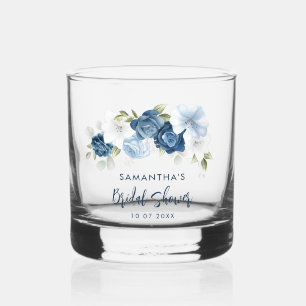 Elegante Stofblauwe Bloemrijke Script Bruiloft Fee Whisky Glas