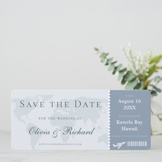 Elegante Stofblauwe Boarding Pass Save the Date Kaart (Staand voorkant)